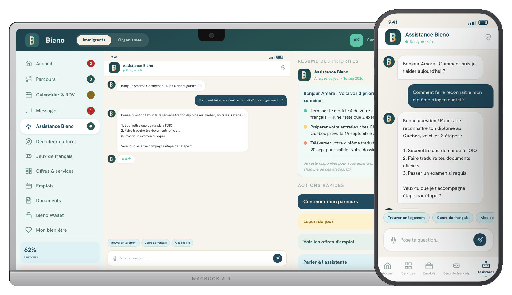 Assistance Bieno — accompagnement 24/7 sur ordinateur et mobile