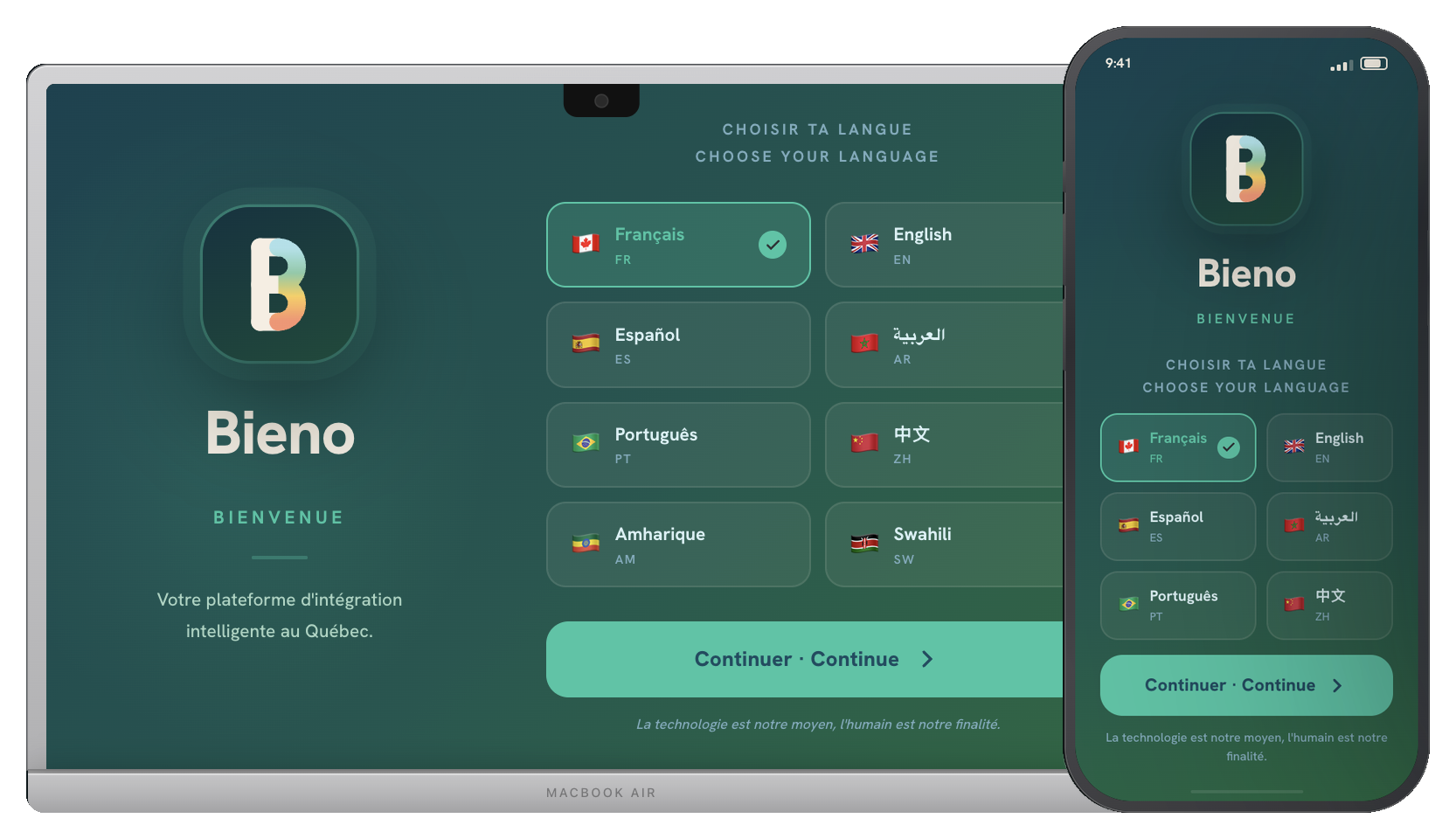 Choisis ta langue — Bieno sur ordinateur et mobile